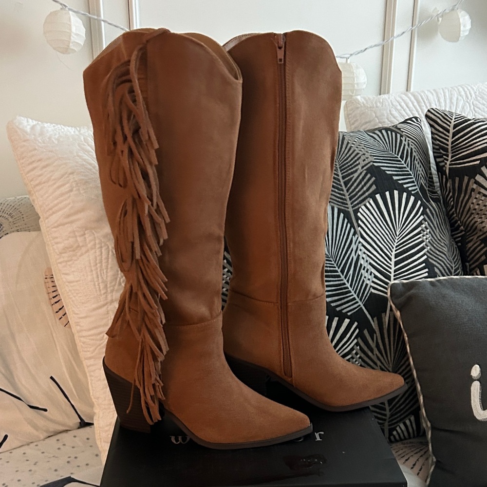 Windsor Cognac Suede Fringe Knee-High Boots - Picture 6 of 9